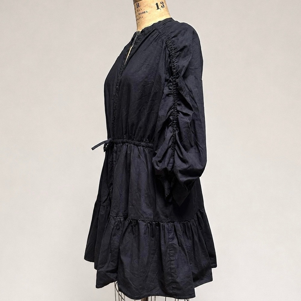 ASTR The Label Ruched Long Sleeve Dress Womens S Black Tiered Button Front Mini
